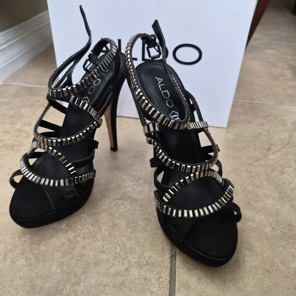 Aldo Black and Silver Strappy Heels